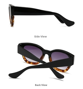 Detail view of oval sunglasses showing black frames with tortoise shell texture on the side