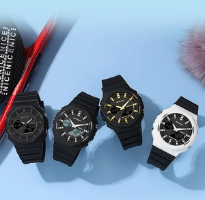 Group of SANDA dual display sports watches with 5BAR water resistance on blue background