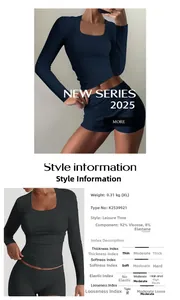 Detail view of ribbed knit yoga set showing viscose fabric specs and high elasticity chart