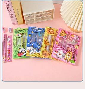 Close-up of kids stationery sets with 15cm ruler, pencils, eraser and sharpener