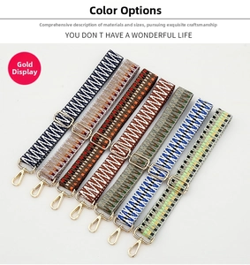 Detailed close-up of six ethnic pattern adjustable bag straps with gold hardware hooks