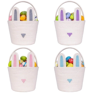 Detail view of woven cotton Easter rabbit baskets in grey, purple, pink and blue colors