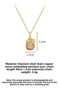Detail of gold money bag pendant with crystals and dollar sign on titanium steel chain