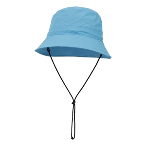 Detail of light blue bucket hat showing quick-dry fabric texture and adjustable wind cord