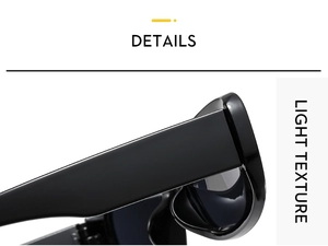 Detail view of stylish small square sunglasses hinge and light texture black frame