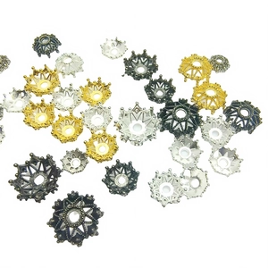 Hollow flower bead caps in gold silver and bronze finishes for DIY jewelry making