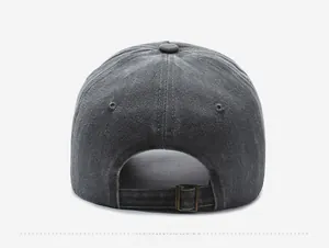 Detail of vintage grey washed cotton baseball cap with adjustable metal back buckle