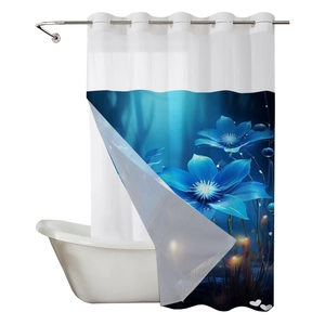 Blue and white gradient shower curtain with glowing floral pattern and metal grommets