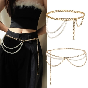 Elegant Multilayer Waist Chain Belt Women Metal Aluminum Imitation Artificial Pearl Adjustable Dress Decoration Body Chain Jewelry Sweet