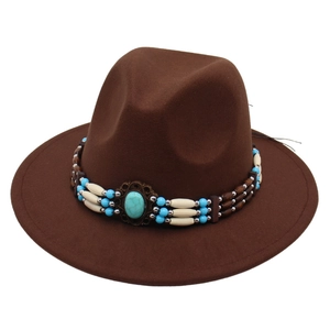 Dark brown wool fedora hat featuring an ethnic turquoise beaded decorative band