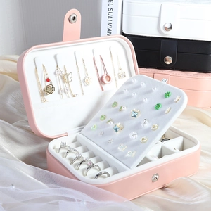 Portable PU leather jewelry organizer case for rings, necklaces and earrings in pink