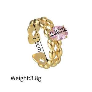 18K gold-plated stainless steel braided ring featuring oval pink zircon with size labels