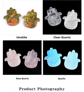 Detailed engraving of Hamsa Hand symbols in quartz and opalite with protective eye motifs