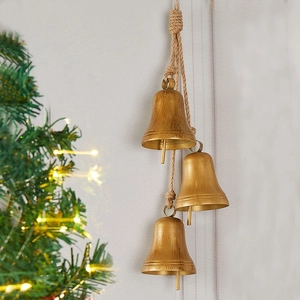 Vintage Christmas hanging bells with rustic hemp rope for festive home wall decoration