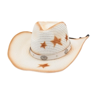 Western straw sun hat with brown star print and vintage leather belt for beach travel