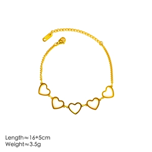 Minimalist gold stainless steel bracelet featuring five hollow heart-shaped pendants