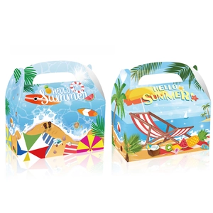 Detail of Hello Summer themed gift boxes with beach illustrations and handles