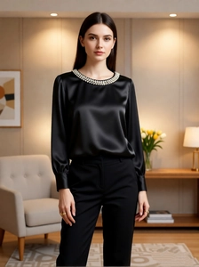 French Style Elegant Pearl Round Neck Satin Blouse For Women Long Sleeve Solid Color Silk-like Shirt Top For Office Lady