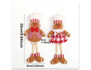 Detailed size view of hanging plush gingerbread man Christmas tree ornaments with long legs