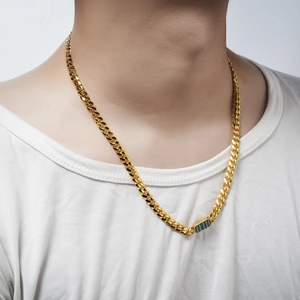 Titanium steel gold cuban chain necklace with green malachite pendant for men and women