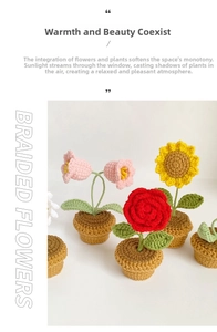 Close-up of handmade crochet potted plants with detailed knitting texture of roses and sunflowers