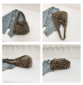 Detailed multi-angle views of a plush leopard print bucket bag with faux fur texture