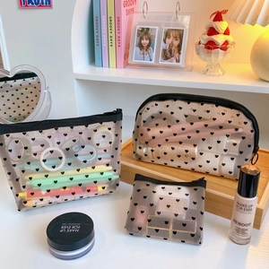 Three-piece black heart print mesh cosmetic bag set for portable travel storage