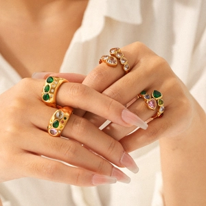 18k gold plated stainless steel wide rings with colorful heart-shaped zircon stones