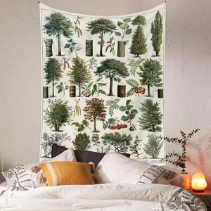 Detail of vintage botanical tapestry with scientific tree illustrations hanging in bedroom