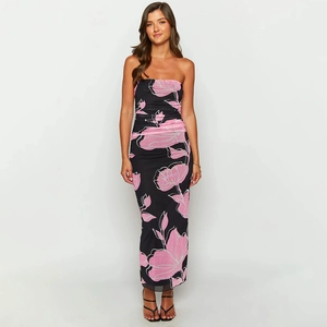 Detail of the pink floral print and ruched mesh texture on this black strapless maxi dress