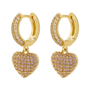 Detailed macro of gold heart earrings with pink and white micro-set zircon stones