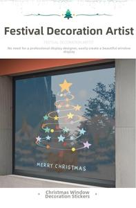 Close-up of Merry Christmas window sticker with colorful star Christmas tree design