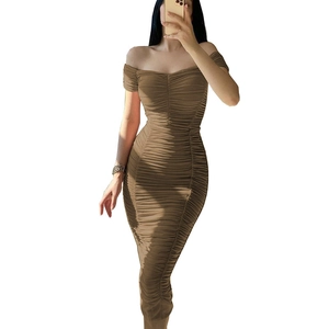 Elegant brown off-shoulder ruched maxi dress with slim fit silhouette and stretchy fabric