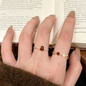 Bague Réglable Ouverte Cuivre Plaqué Or Véritable Zircon Émail Gourde Rouge Trèfle Nouveau Style Chinois Vintage Femmes