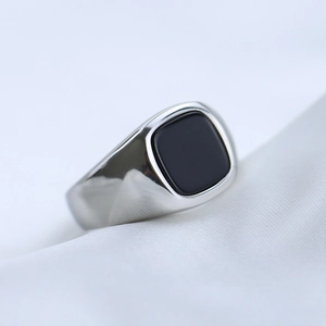 Men's vintage silver stainless steel signet ring with a black square gemstone inlay