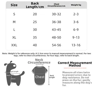 Detailed size chart for rainbow pet sweater featuring back length and chest measurements