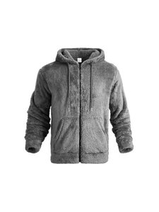 Detail view of a thick grey double-sided fleece hoodie with zipper and plush texture