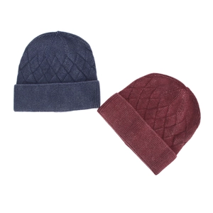 Navy blue and wine red thick knit beanies with diamond patterns for winter warmth