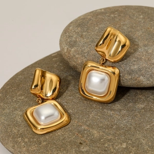 Geometric Square Pendant Earrings 316 Stainless Steel Faux Artificial Pearl High End Non Fading Fashion For Women