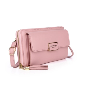 Pink faux leather crossbody mobile phone bag with golden hardware and tassel detail