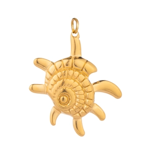 Detailed view of a golden sea turtle pendant with a polished metallic finish and ring