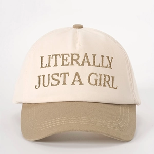 Literally Just a Girl embroidered cotton baseball cap in cream and khaki contrast colors
