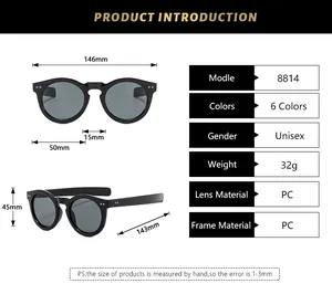 Detailed sizing chart for round retro sunglasses showing dimensions and PC material specs