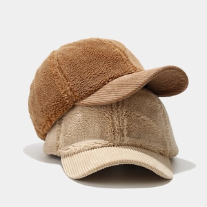 Winter faux lamb wool baseball cap with corduroy brim, thermal warm hat for outdoor