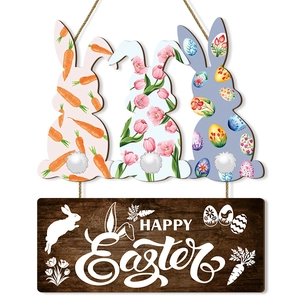 Wooden Happy Easter wall hanging sign featuring three colorful bunnies and rustic hemp rope