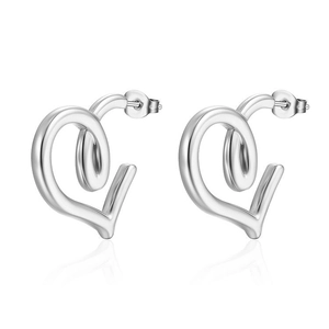 Polished silver heart hoop earrings in stainless steel for women with minimalist style