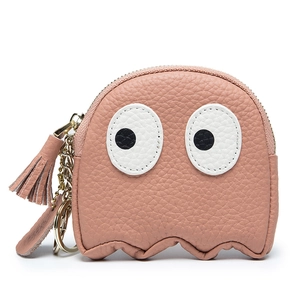 Pink ghost leather coin purse with zipper closure and tassel keychain detail view