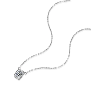 Luxurious S925 sterling silver necklace with emerald-cut moissanite pendant on white background