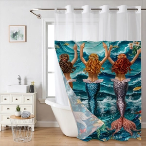 Detail of waterproof shower curtain with artistic mermaid oil painting and metal grommets