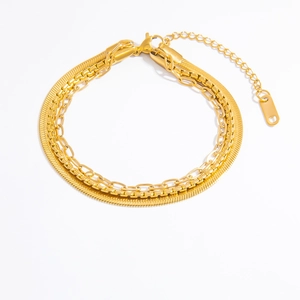 Three-layer 18k gold plated stainless steel bracelet with snake and link chains